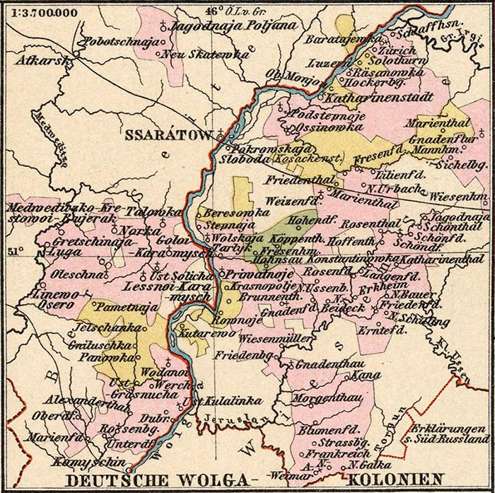 Kaart uit een Duitse koloniale atlas uit 1897 met de Duitse vestigingsgebieden aan beide kanten van de Wolga. Bron: Geschichte der Wolgadeutschen https://wolgadeutsche.net/library/item/682 