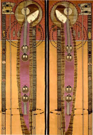 Margaret Macintosh, Geborduurde panelen, ca. 1902-1904. Linnen, zijde- en metaaldraad, galons, linten, applicaties, glaskralen, goud geverfde knopen. Elk 172,2 x 41 cm. The Glasgow School of Art.