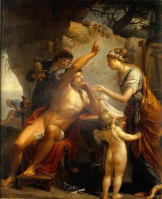Mercurius vertelt Calypso dat ze Odysseus (helemaal links te zien) moet laten gaan - Bernardino Nocchi 