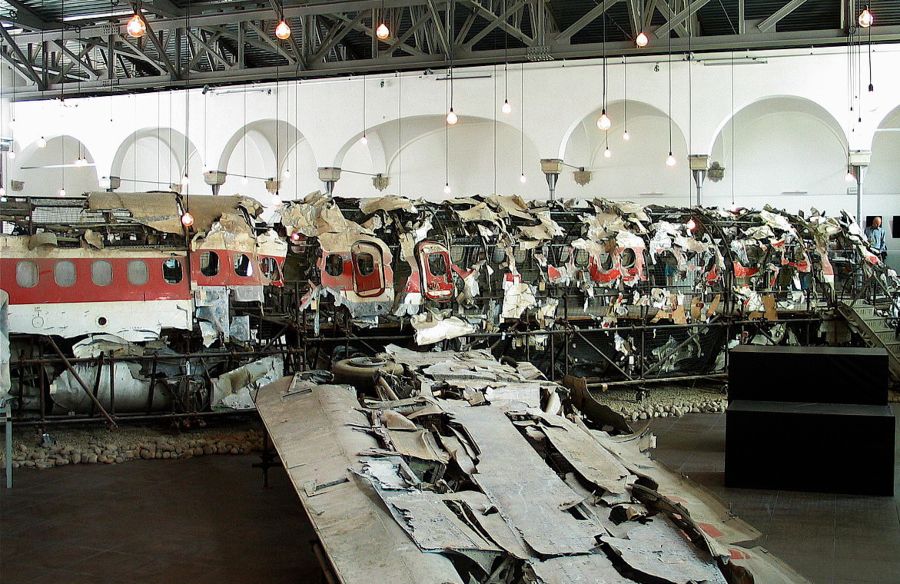Restanten van het gecrashte Itavia-toestel in een museum in Ustica