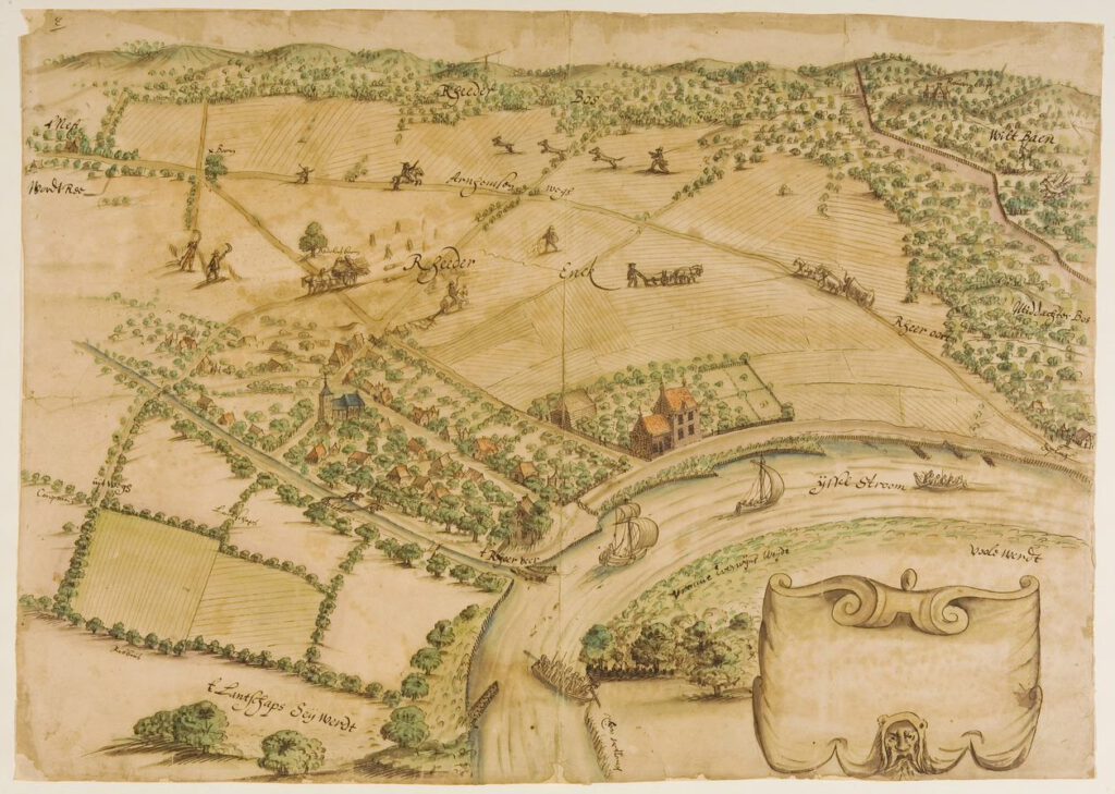 Een bijzonder gedetailleerde tekening (ca. 1690) van het Rheder-veer aan de IJssel tegenover de Valeweerd. Met een gezicht op de Rheder Enk, het Rheder bos, Rheden en rechtsboven de Wildbaan.