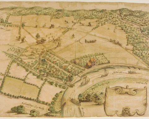 Een bijzonder gedetailleerde tekening (ca. 1690) van het Rheder-veer aan de IJssel tegenover de Valeweerd. Met een gezicht op de Rheder Enk, het Rheder bos, Rheden en rechtsboven de Wildbaan.