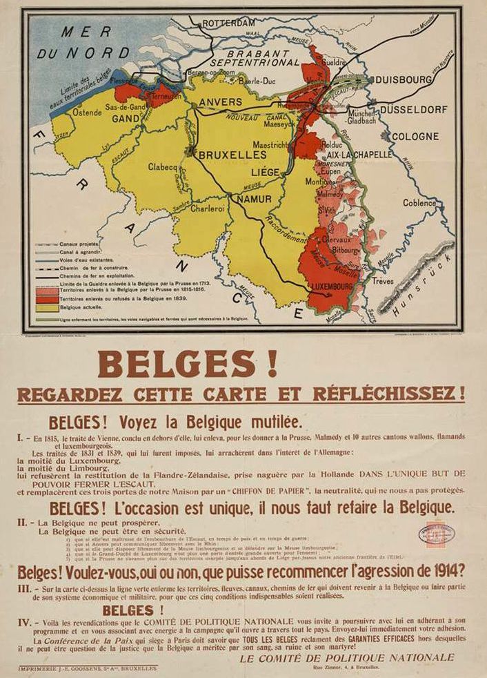 Pamflet van de drukkingsgroep "Comité de Politique Nationale" dat voor een forse Belgische gebiedsuitbreiding pleitte. In het rood de gewenste gebieden, behalve Eupen-Malmedy, ook het Groothertogdom Luxemburg, Nederlands Limburg en Zeeuws-Vlaanderen (ARA, eind 1918-begin 1919)