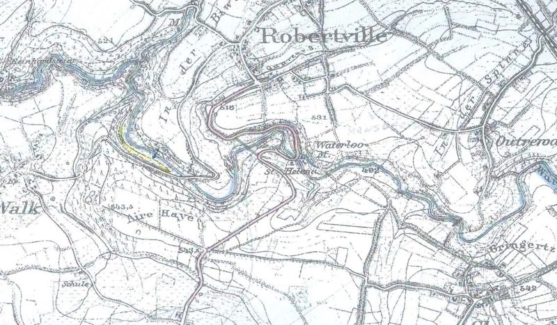 Kopie van een oude Duitse kaart waarop de plaatsnaam "Waterloo" nog te zien is.