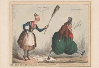 Spotprent op de politieke scheiding tussen België en Nederland voorgesteld als de scheiding tussen een dikke Hollander die door zijn magere Belgische vrouw de laan wordt uitgestuurd onder de verwensing ‘Buy a broom’’. Prent van de Britse cartoonist William Heath, 1830 (Collectie Rijksmuseum Amsterdam, collectienr. RP-P-1954-552).