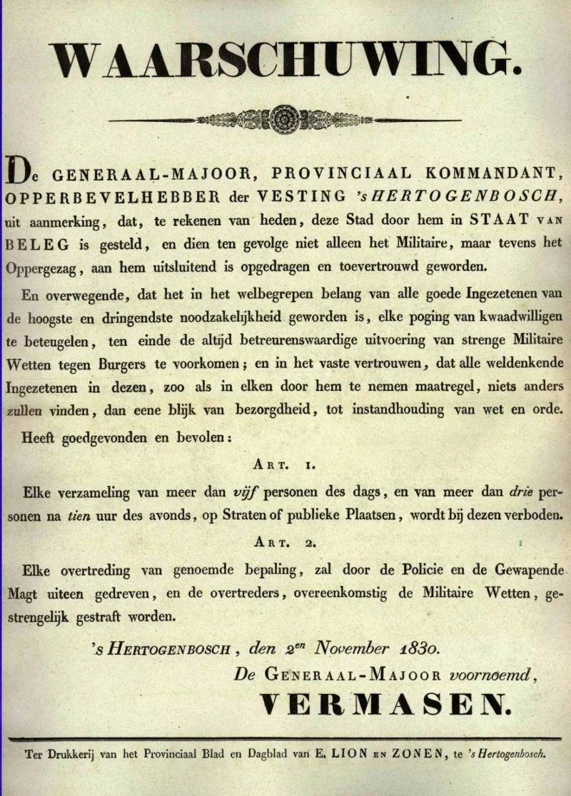 Pamflet met waarschuwing over staat van beleg in Den Bosch, 2 november 1830 