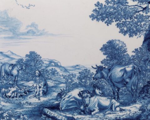 Plaque met Bijbelse voorstelling 'De profeet Juda door een leeuw gedood', 1658, tinglazuurwerk