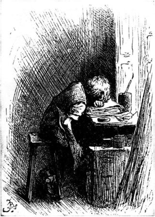 De twaalfjarige Dickens aan het werk in Warren's Shoe Blacking Factory