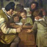 Een kind krijgt op een dorpsschool een tik op de hand met een plak - Schilderij van Jan Steen