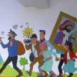 Muurschildering in de Brusselse metrohalte met personages uit de Kuifje-reeks