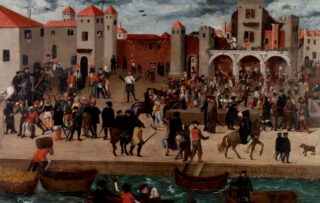 Vroeg zestiende-eeuws schilderij van de havenkade van Lissabon waarop Afrikanen te zien zijn, ca. 1570-80
