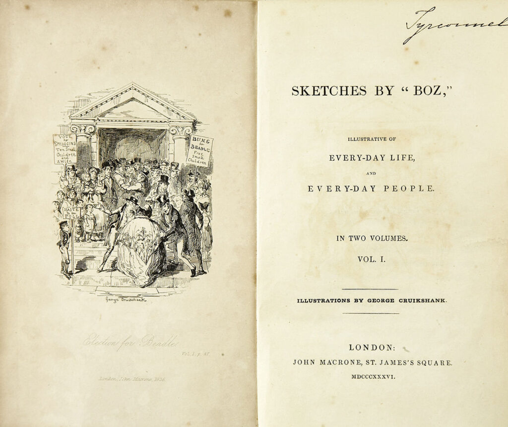 Titelpagina van de eerste editie van Sketches bij Boz