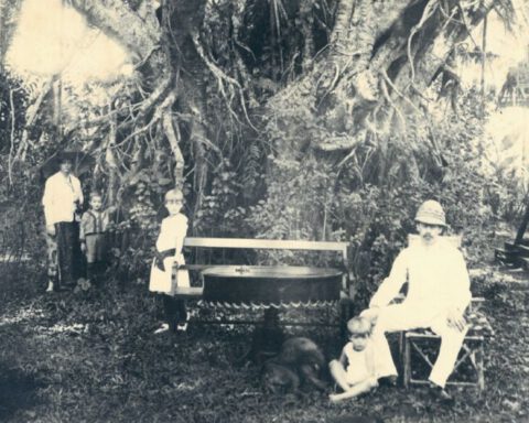 Het gezin Berkhout-Bimmermann onder de waringinboom in de tuin van hun huis in Bandung, 1889. Van links naar rechts: Alma met parasol, Hugo, Elly, Toeti en Anton.