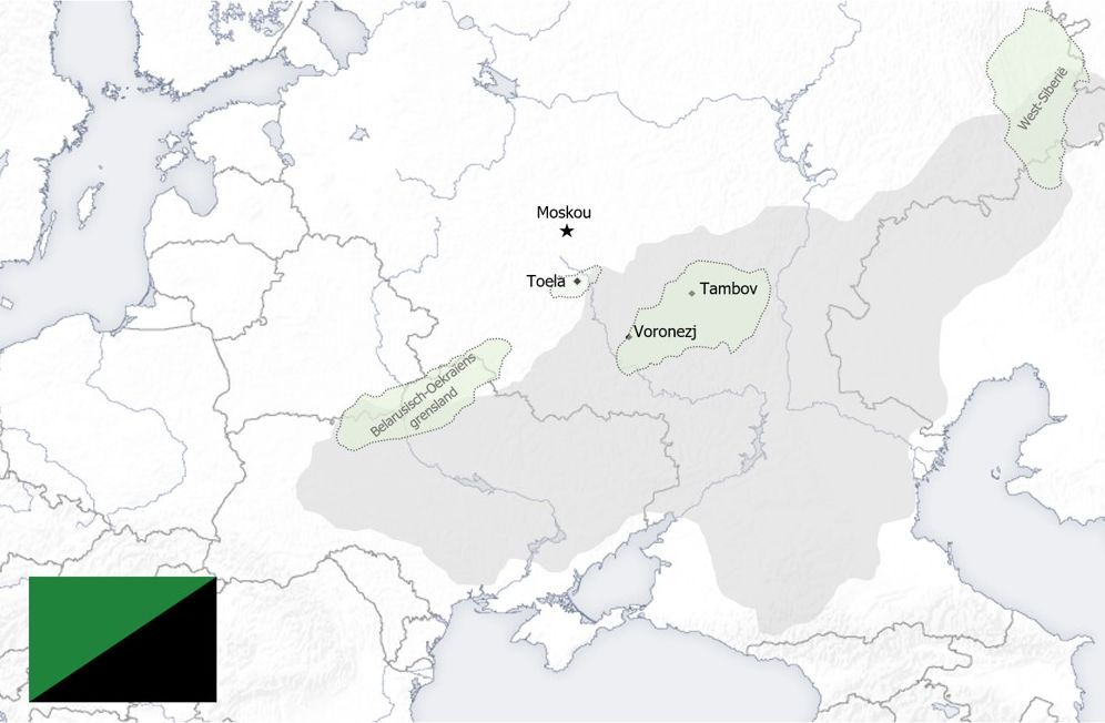 Kaart van de voornaamste gebieden ‒ in het lichtgroen ‒ waar de ‘groene’ bewegingen actief waren. Het lichtgrijs-gekleurde gedeelte is het vruchtbare zwarte aardegebied en landbouwhart van Eurazië. De vlag linksonder is de vlag van de groene opstand van Tambov