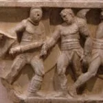 Reliëf waarop een gevecht tussen een retiarus en secutor (links) te zien is