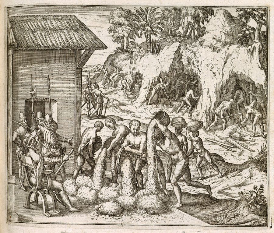 Slaven die goud delven op Hispaniola onder toeziend oog van Spaanse kolonisten