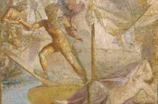 Fragment van een fresco in Pompeii waarop te zien is hoe Theseus terugkeert van Kreta