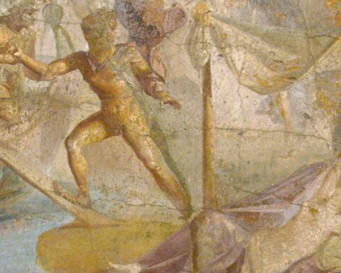 Fragment van een fresco in Pompeii waarop te zien is hoe Theseus terugkeert van Kreta