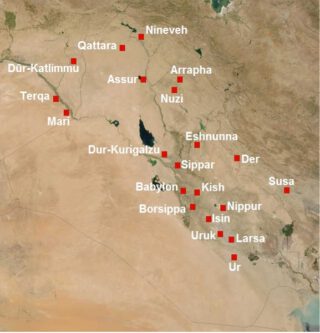 Mesopotamië gedurende het 2de millennium v.Chr. met Arrapha en Nuzi ten oosten van Assur. 