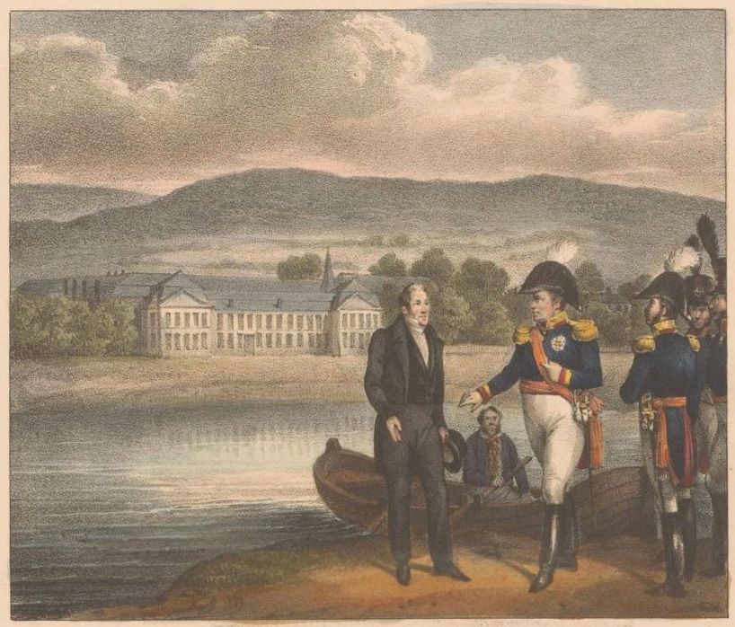 Koning Willem I ontmoet Johan Cockerill, met op de achtergrond het prinsbisschoppelijk paleis in Seraing 