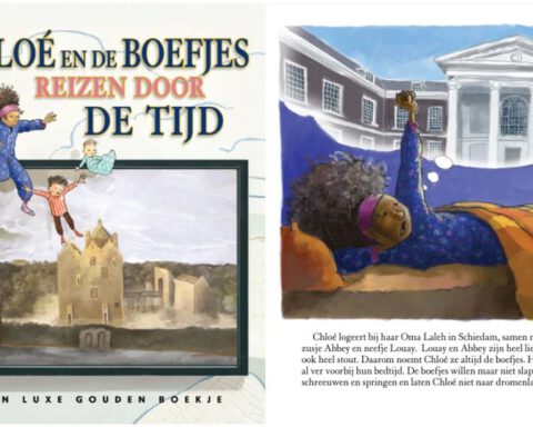 De cover van het Gouden Boekje 'Chloé en de boefjes' met daarnaast een pagina uit het boek