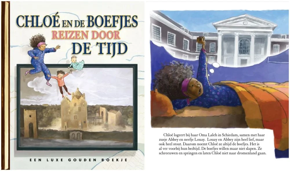 De cover van het Gouden Boekje 'Chloé en de boefjes' met daarnaast een pagina uit het boek