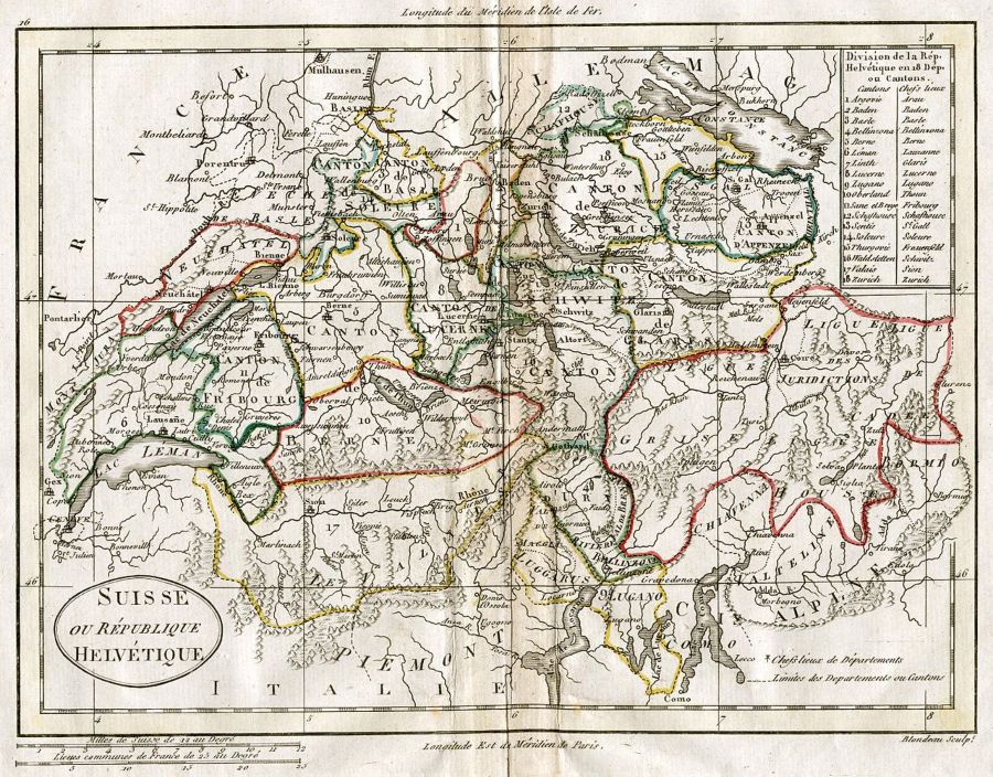Historische kaart van de Helvetische Republiek uit 1798. De nieuwe grenzen van de kantons zijn afgedrukt op een oudere kaart.