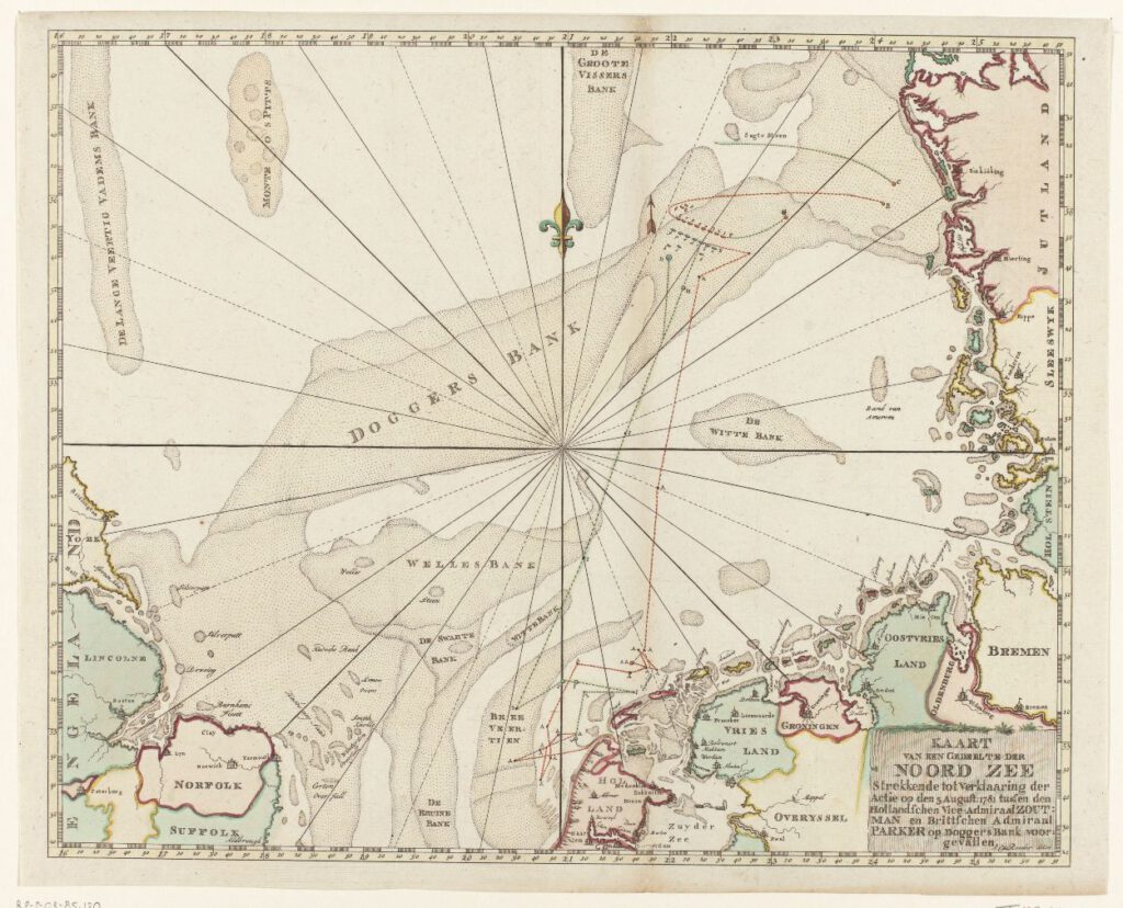 Kaart van de Noordzee met de zeeslag bij Doggersbank, 1781 - Historische Wateratlas