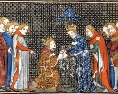 Homage van Edward III (13 jaar) aan Charles IV (1325). Grandes Chroniques de France, Parijs, Bib. Nat. Français 2813, fol. 357v.