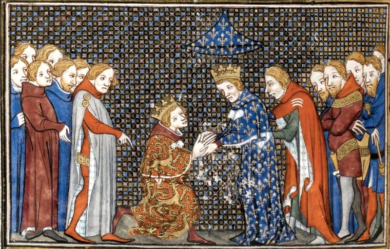 Homage van Edward III (13 jaar) aan Charles IV (1325). Grandes Chroniques de France, Parijs, Bib. Nat. Français 2813, fol. 357v.