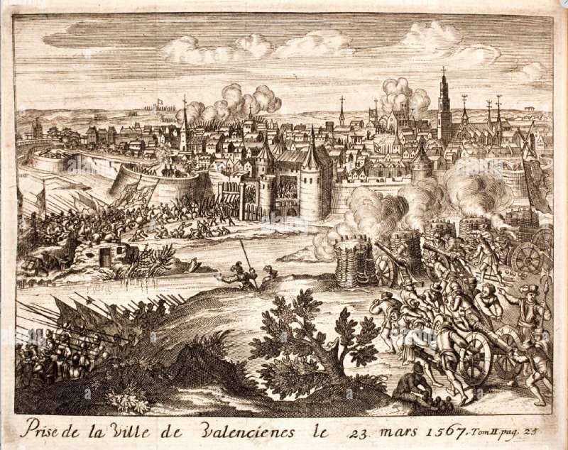 Inname van Valenciennes. Illustratie in: Famiano Strada, Histoire de la guerre des Païs-Bas, Brussel 1727(Bibliotheek Vredespaleis, Den Haag).