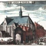 Janskerk van het Hospitaalridders klooster aan de Jansstraat te Haarlem vanuit het zuidoosten. Onderdeel van de randversiering van de plattegrond van Haarlem. Gravure: Romeyn de Hooghe (1688).