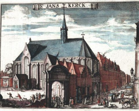 Janskerk van het Hospitaalridders klooster aan de Jansstraat te Haarlem vanuit het zuidoosten. Onderdeel van de randversiering van de plattegrond van Haarlem. Gravure: Romeyn de Hooghe (1688).