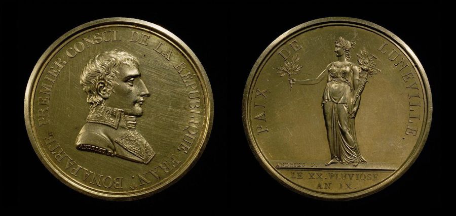 Napoleon Bonaparte en de Vrede van Lunéville op een Franse medaille uit 1801