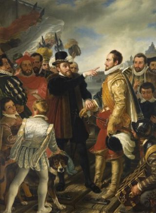 ‘Niet de Staten, maar gij, gij, gij!’ Filips II beschuldigt bij zijn vertrek uit Vlissingen de Prins van Oranje. Olieverf op doek, Cornelis Kruseman, 1832