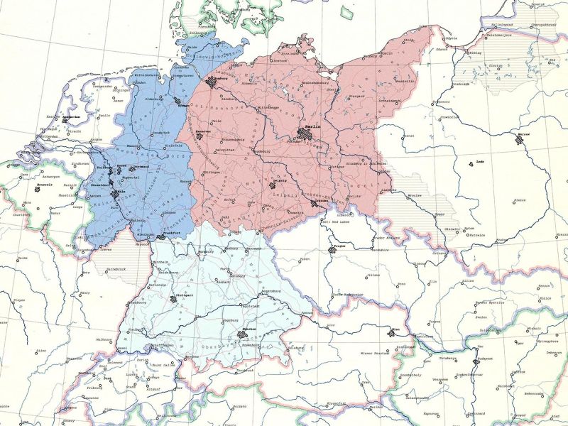 Kaart van de in het Morgenthauplan voorgestelde opdeling van het Duitsland in de grenzen van 1937