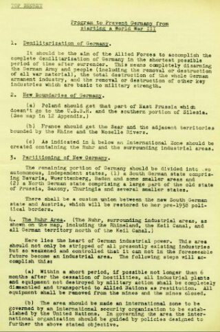 Eerste pagina van de (waarschijnlijk) door Harry Dexter White opgestelde nota ‘Program to prevent Germany from starting World War III (Programma om te voorkomen dat Duitsland de Derde Wereldoorlog begint)’ van september 1944 die bekend zou raken als het Morgenthauplan.