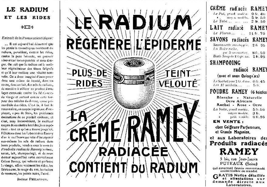 Reclameadvertentie voor radium-houdende huidcrème