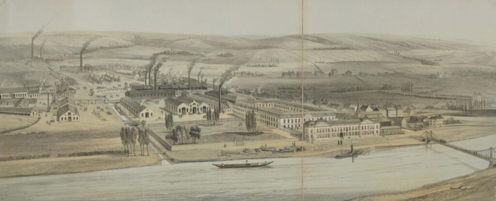 De bedrijfssite in Seraing in 1852. Litho van Adrien Canelle voor La Belgique industrielle.