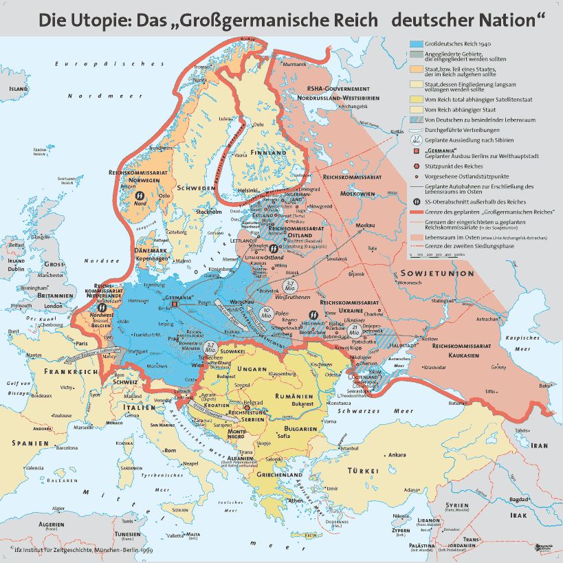 Alternatieve toekomstkaart uit 1999 van het documentatiecentrum Obersalzberg van het Duitse Institut für Zeitgeschichte, met de waarschijnlijke naoorlogse ordening in Europa in het geval van een nazi-overwinning. De limiet van het roze ingekleurde gebied rechts is de ‘AA-lijn’. 