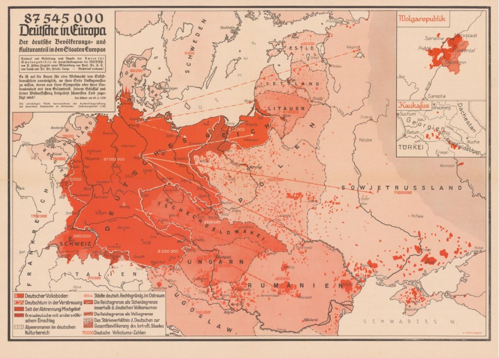 ‘87.545.000 Duitsers in Europa’. Propagandakaart uit 1938 die de expansie naar het oosten motiveerde op grond van eerdere oostwaartse Duitse migratie en vestiging. Voor de naziplanners moest 87,5 miljoen Duitsers in Europa na één generatie na de eindoverwinning aangroeien tot 120 miljoen. 