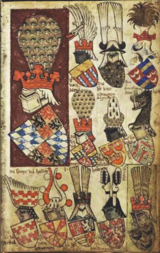 Blad van hertog Albrecht en belangrijkste edelen, ca 1370-80, door Claes Heinen, in het Armorial Gelre.