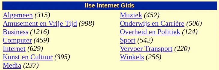 Categorieën op ilse.nl, januari 1999