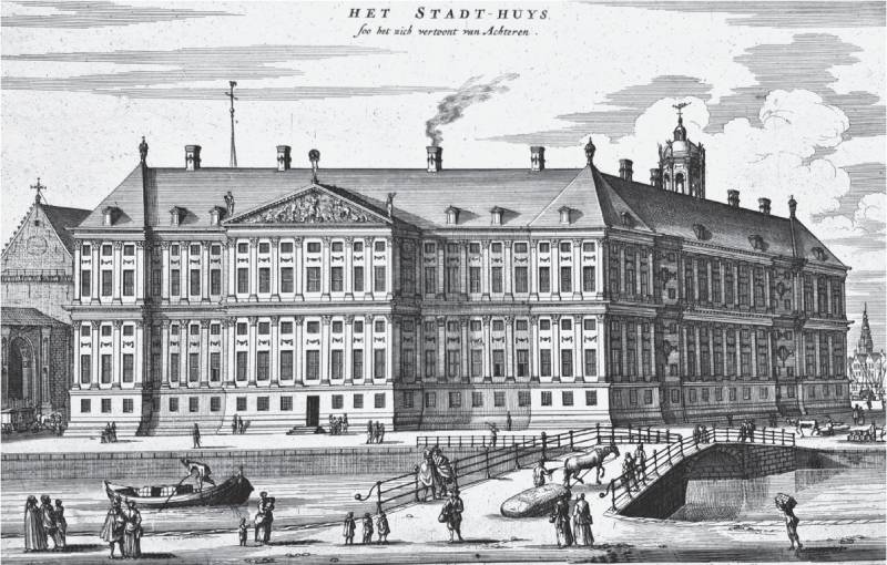 Achterzijde van het stadhuis op de Dam uit de Historische beschryving der stadtAmsterdam – kopergravure door Olfert Dapper (1663)