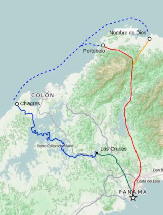 Aanvankelijk liep de Camino Real van Panamá la Veija naar Nombre de Dios, maar vanaf 1596 was Portobelo het eindpunt