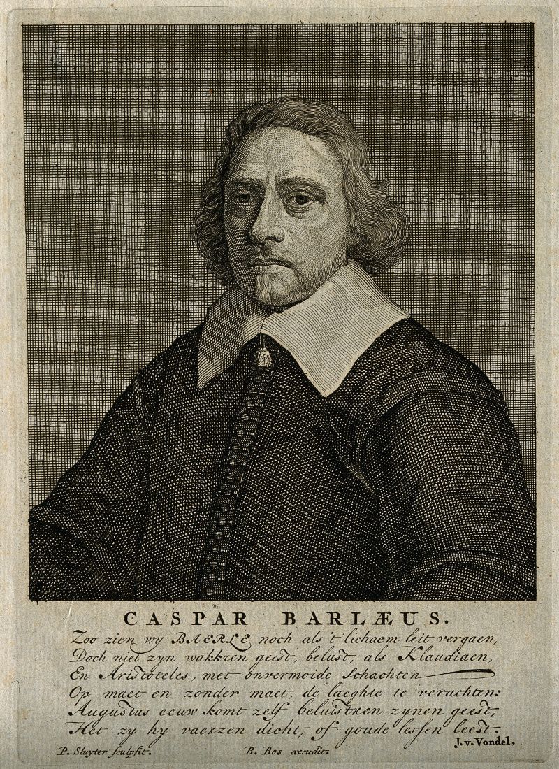 Casparus Barlaeus op een gravure van P. Sluyter met daaronder een gedicht van Vondel
