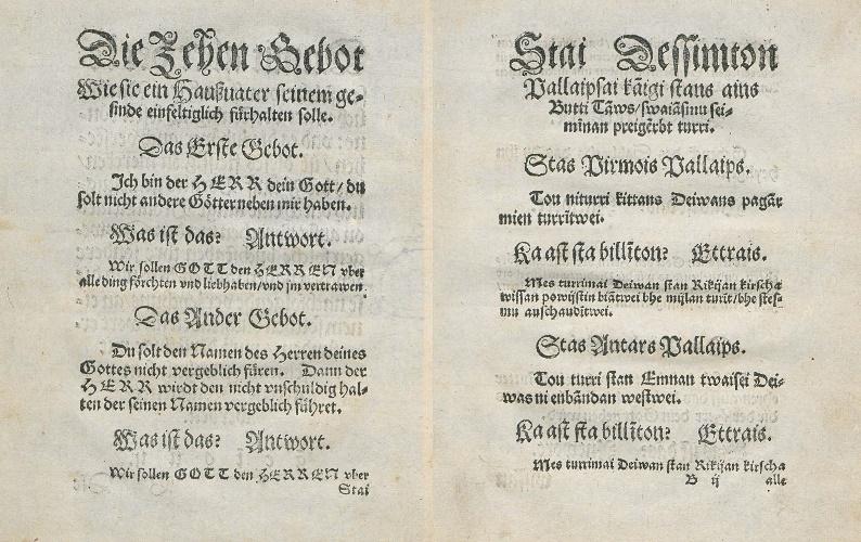 De tien Oudtestamentische geboden in het Duits en Pruisisch in de catechismus van Abel Will uit 1561.