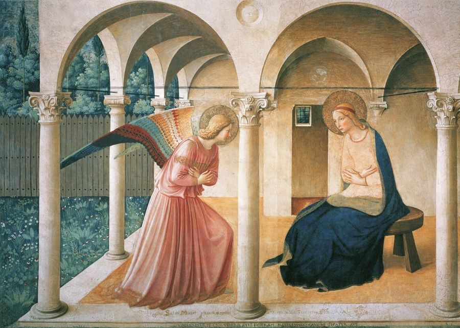 Verbeelding van de annunciatie door Fra Angelico, zoals te zien in het Museo di San Marco in Florence, ca. 1437-1446