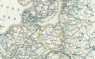 Fragment uit een kaart van Europa in 1190, met de gebieden van de oude Pruisen (hier ‘Pruzzen’ genaamd) en de naburige Baltische volkeren, uit Karl von Spruner’s “Historisch-Geographischer Schul-Atlas”, 1874.