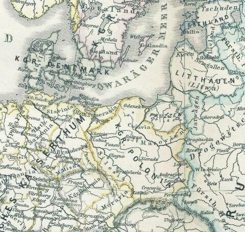 Fragment uit een kaart van Europa in 1190, met de gebieden van de oude Pruisen (hier ‘Pruzzen’ genaamd) en de naburige Baltische volkeren, uit Karl von Spruner’s “Historisch-Geographischer Schul-Atlas”, 1874.